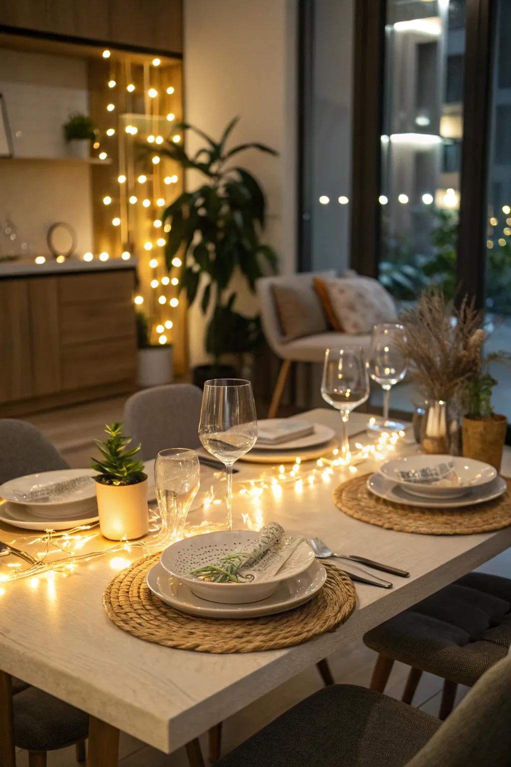 A tabletop illumination garland casts a warm and inviting glow on the decor.