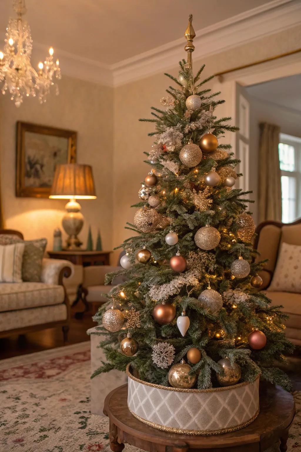 A sentimental vintage allure-themed Christmas tree for a table.
