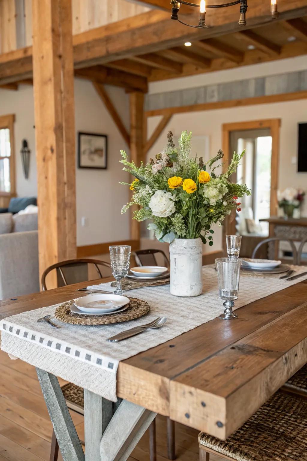 Craft a farmhouse-inspired table using rustic and steel aspects.