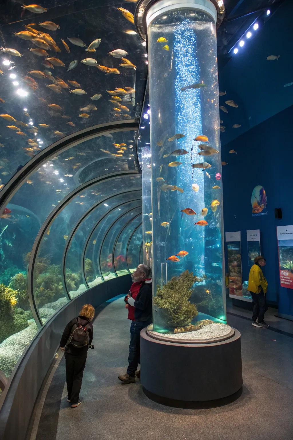 An interactive engagement conceived within an elongated aquarium.
