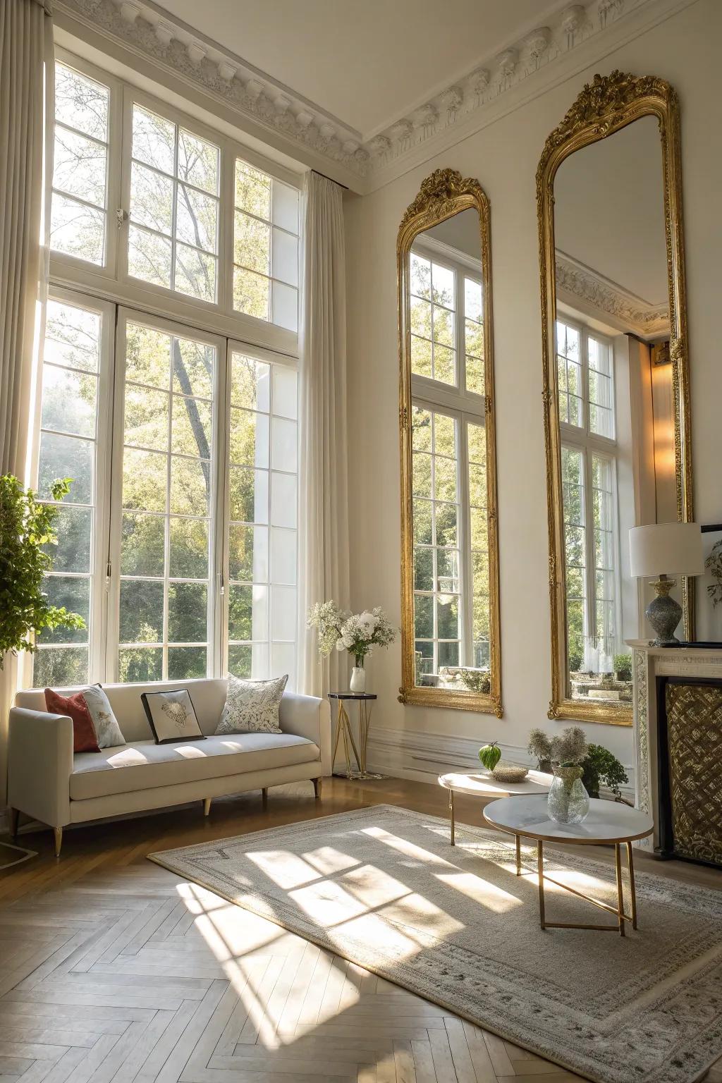 Mirrors that amplify the impression of expanse and illumination.