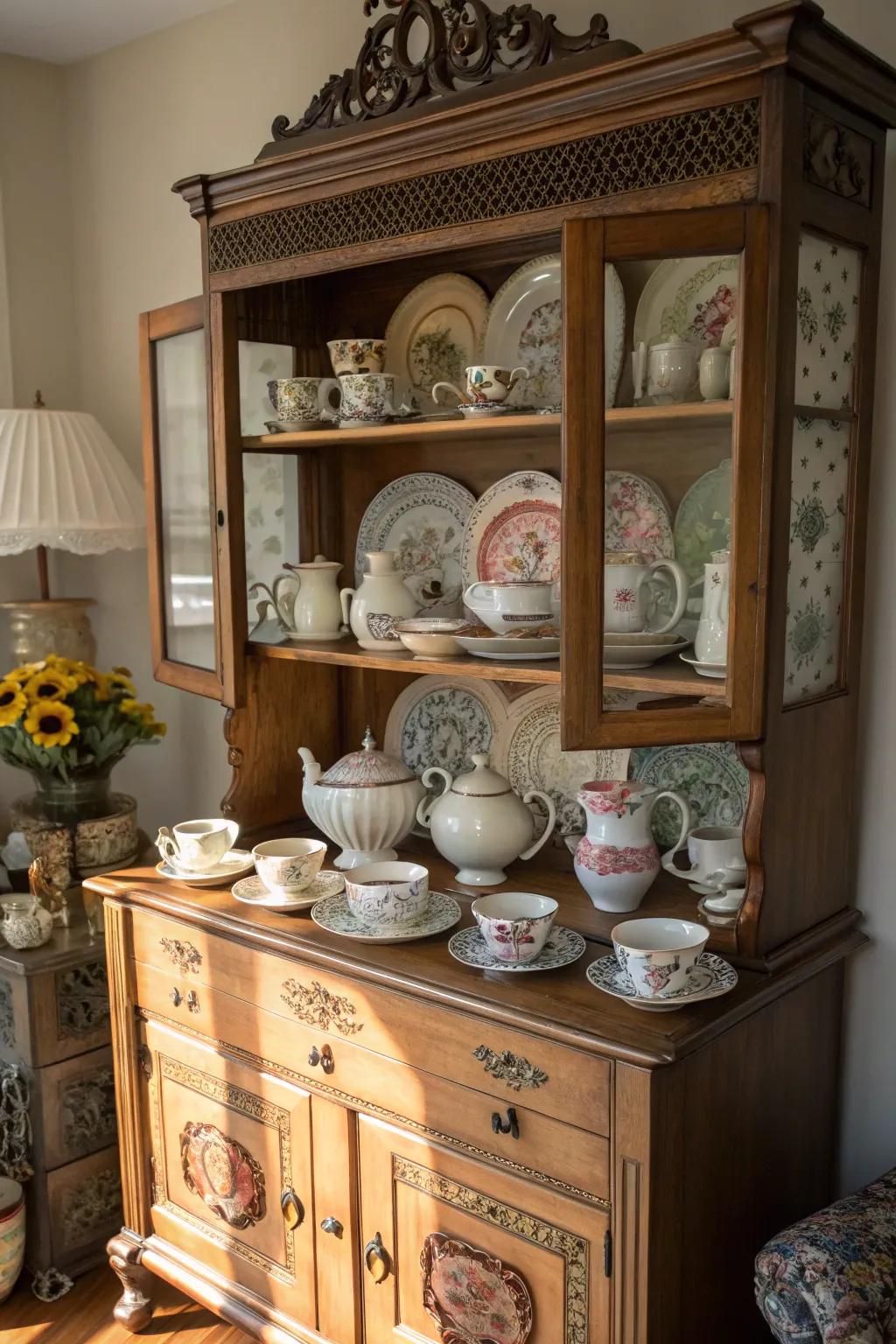A period cabinet beautifully displaying a tea service collection.