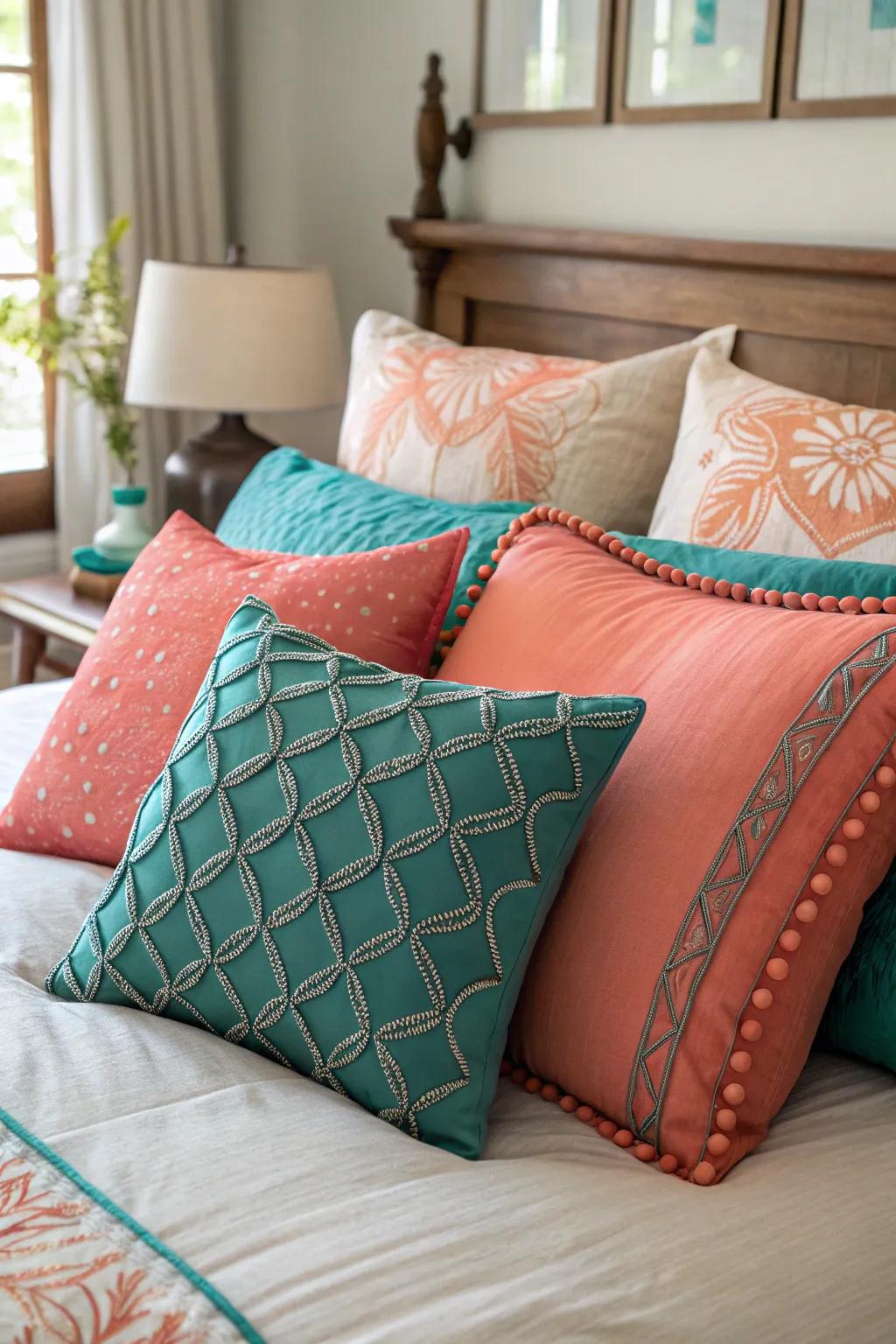 Teal and coral pillows bring a refreshing touch.