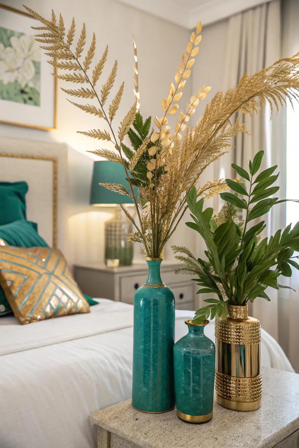 Gilded-coated plant life adds an organic yet lavish touch to this bedroom.