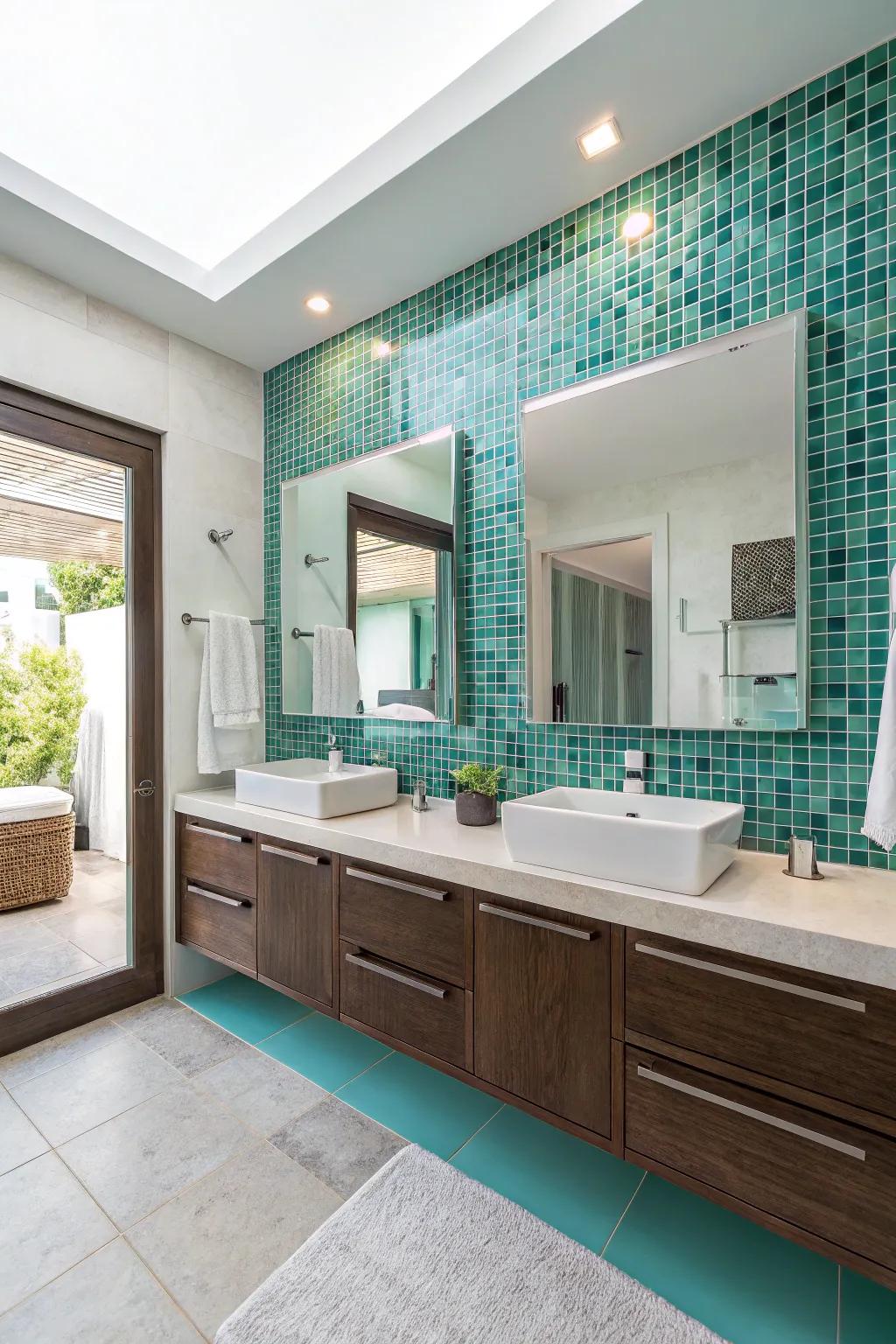 Introduce artistry with aquatic green mosaic accents.