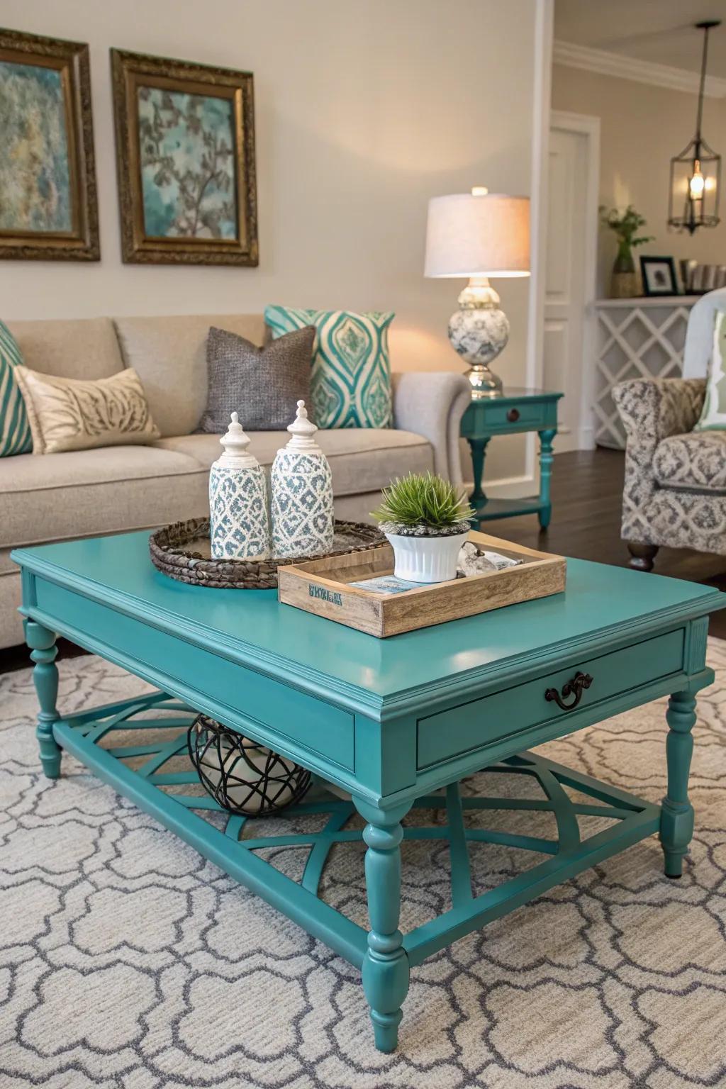 An azure coffee table acts as a bold centerpiece in this stylish living room.