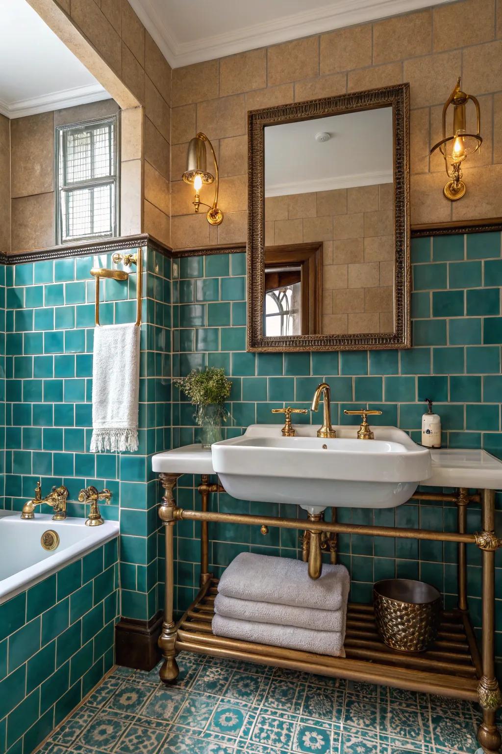 Brass fixtures give aqua bricks vintage charm.