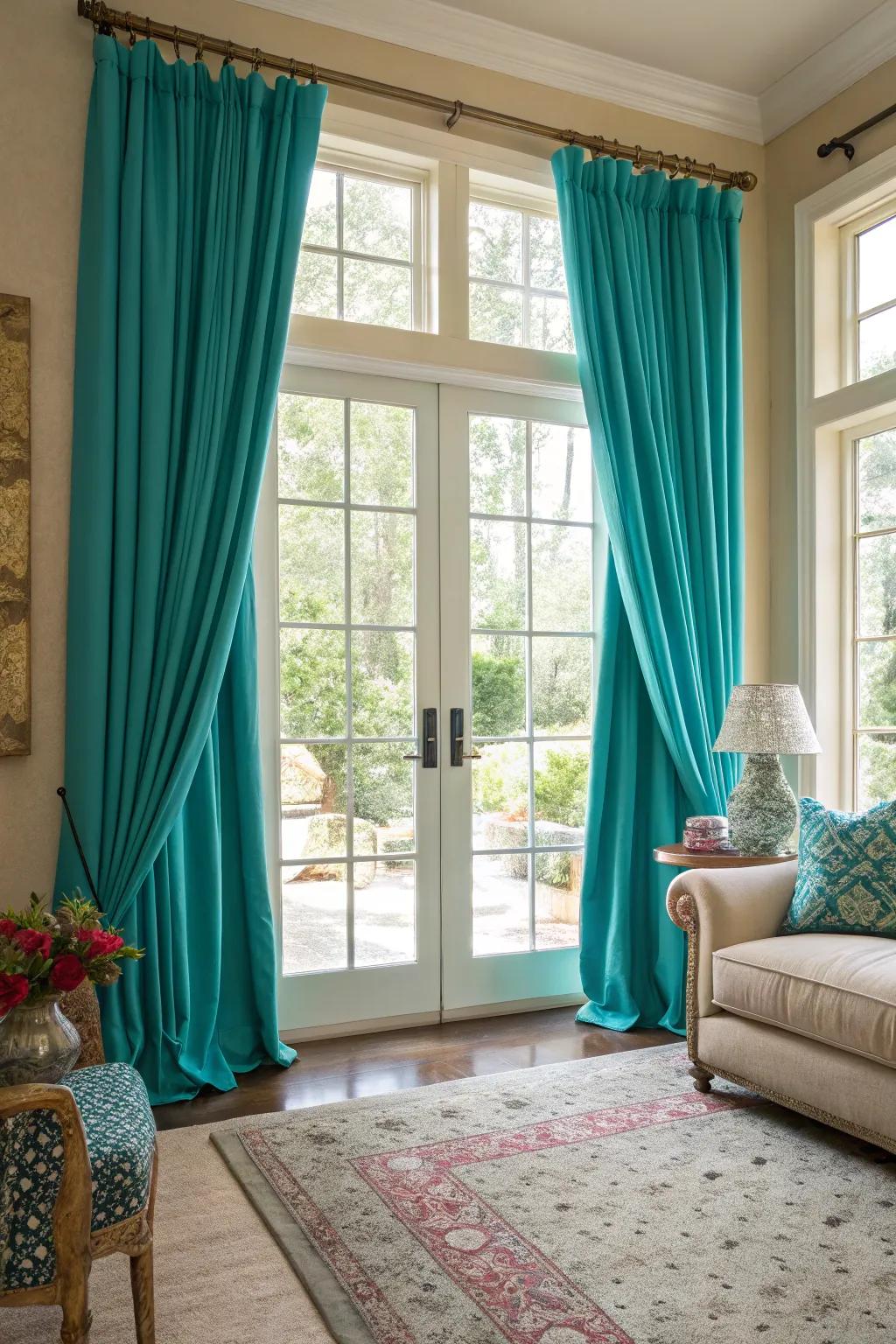 Teal and turquoise curtains add style and manage light beautifully.