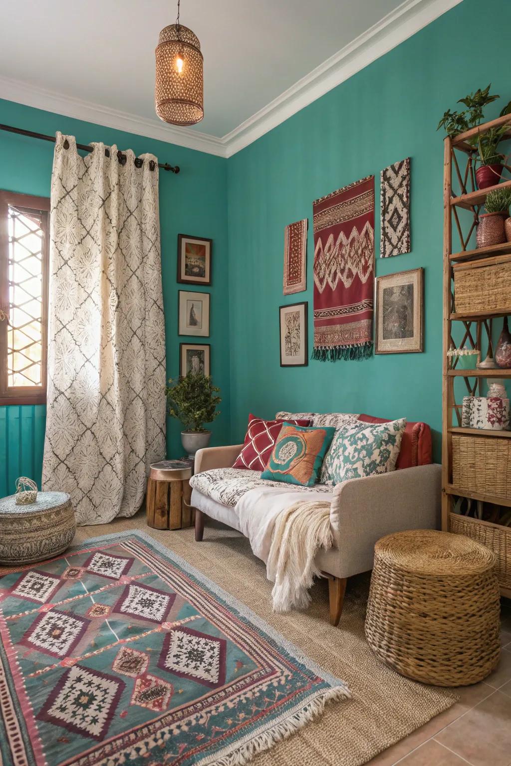 Eclectic design style featuring teal walls as a backdrop.
