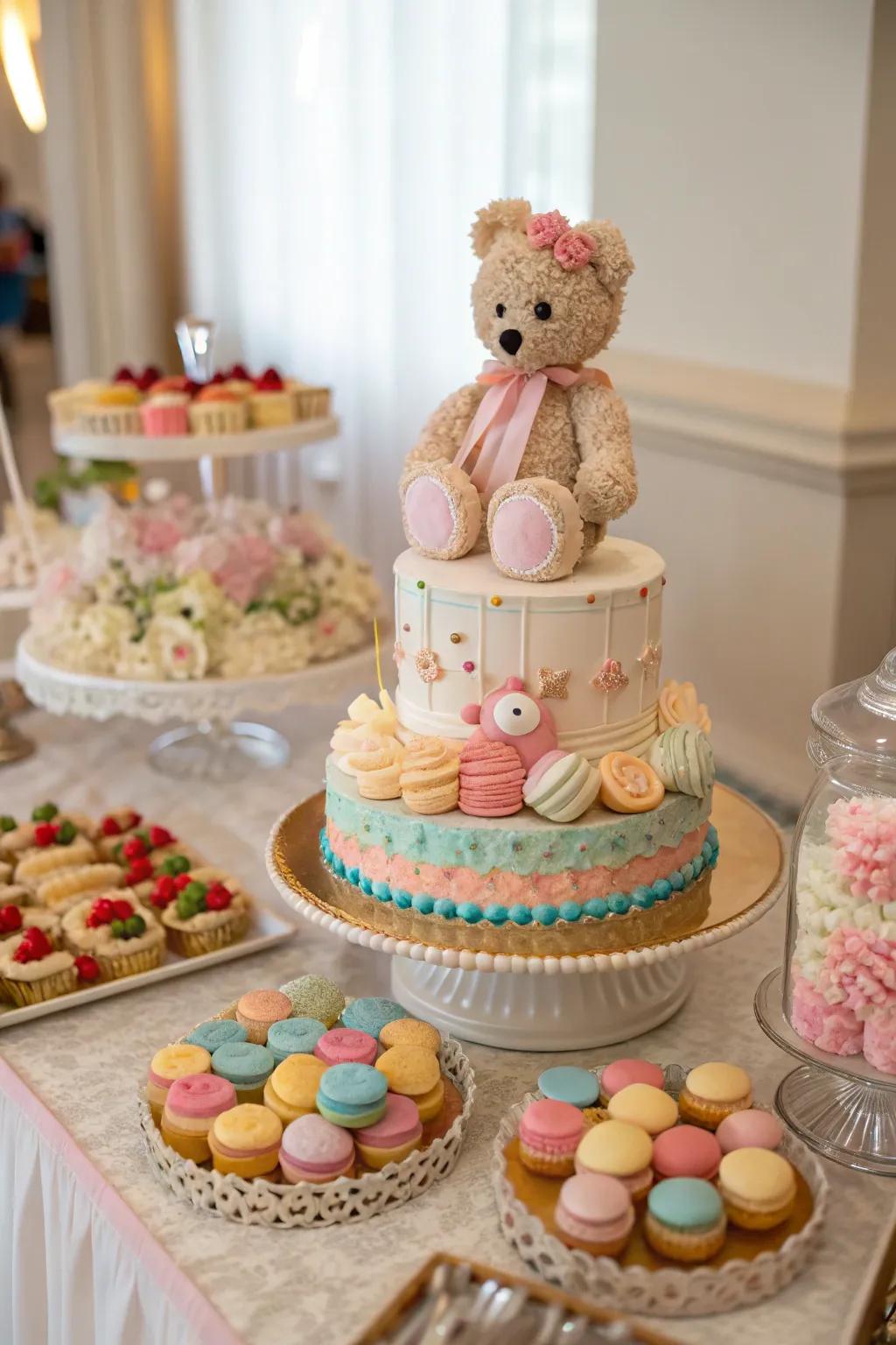 A cuddle bear cake is the centerpiece of the dessert display.