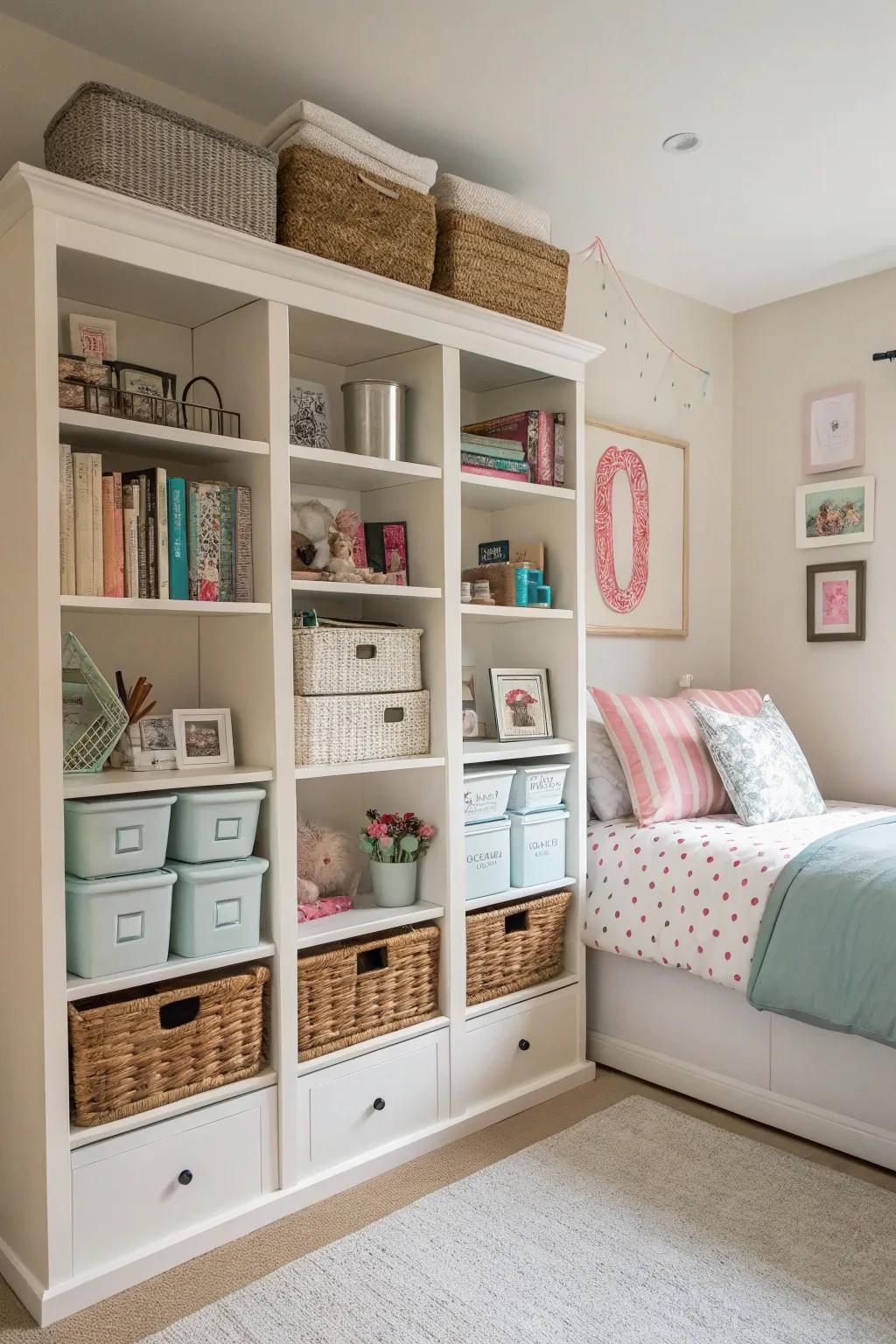 Smart storage solutions keep a teenage girl's room arranged and roomy.