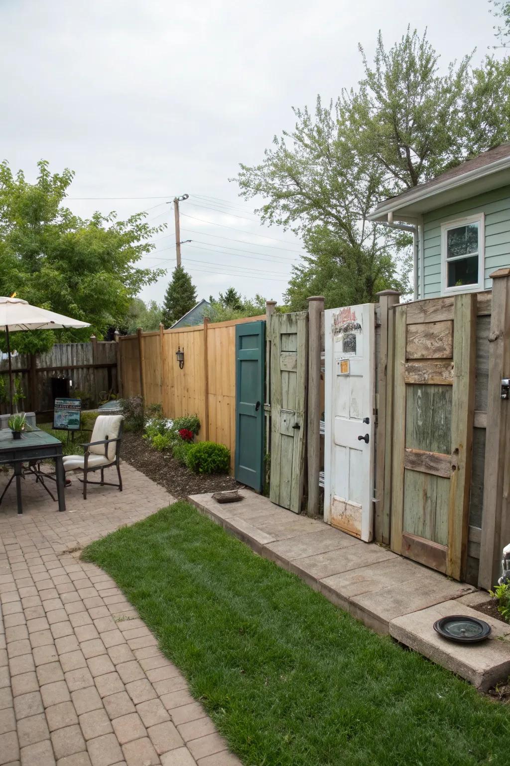 Upcycled panels construct a whimsical and personalized privacy fence.