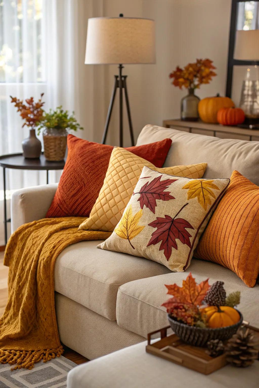 Seasonal throw cushions add warmth and color.