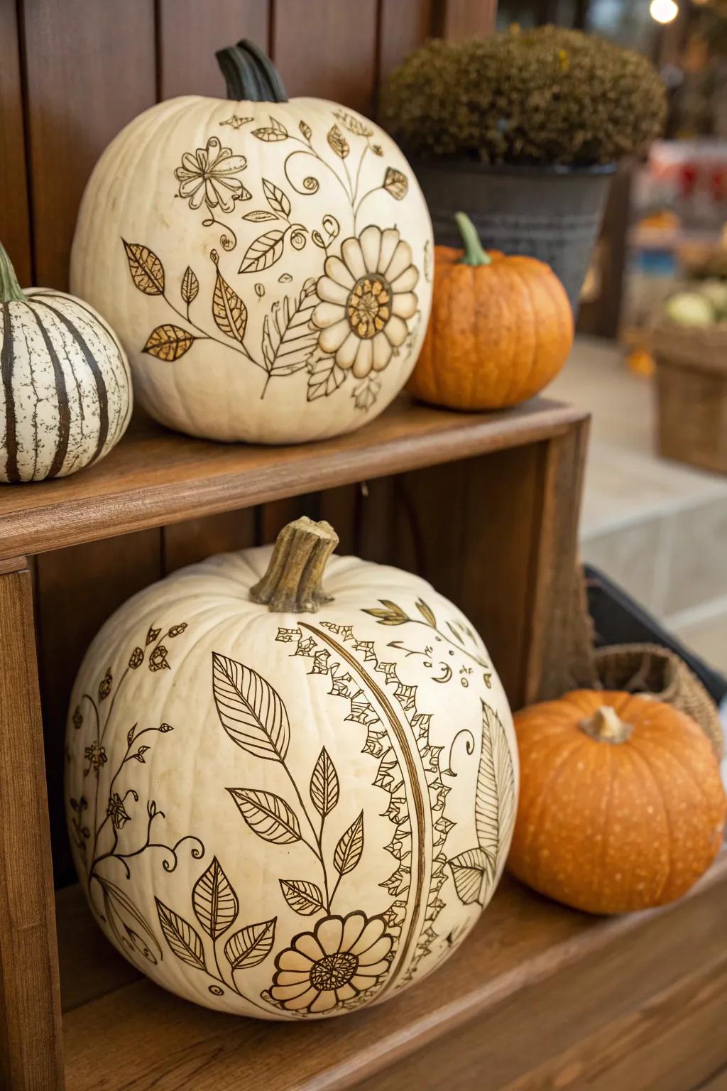 Refined botanical patterned pumpkins for artistic ornamentation.