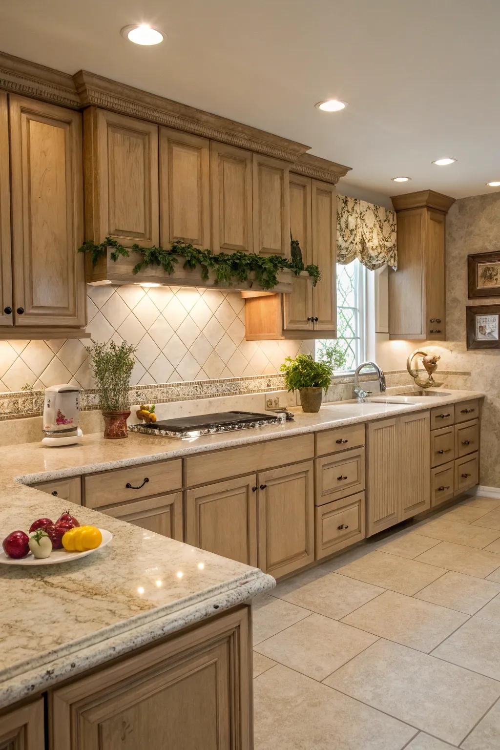 Subdued squares fashion a serene, zen-inspired cooking area.