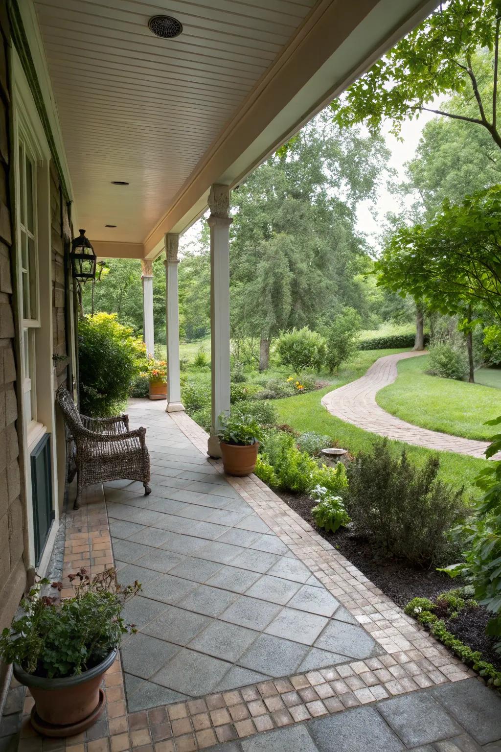 Outdoor paving tiles fashion a natural transition from the garden to the porch.