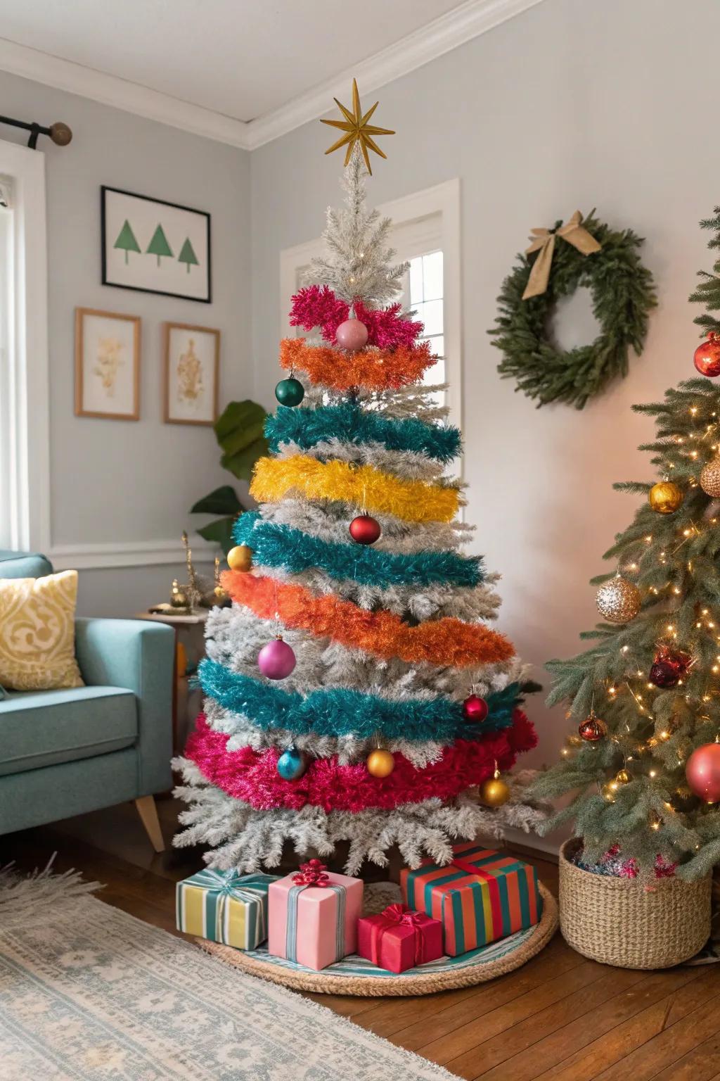 A stylish home decor scene showcasing a vintage Christmas tree with color-blocked sparkle ribbon.