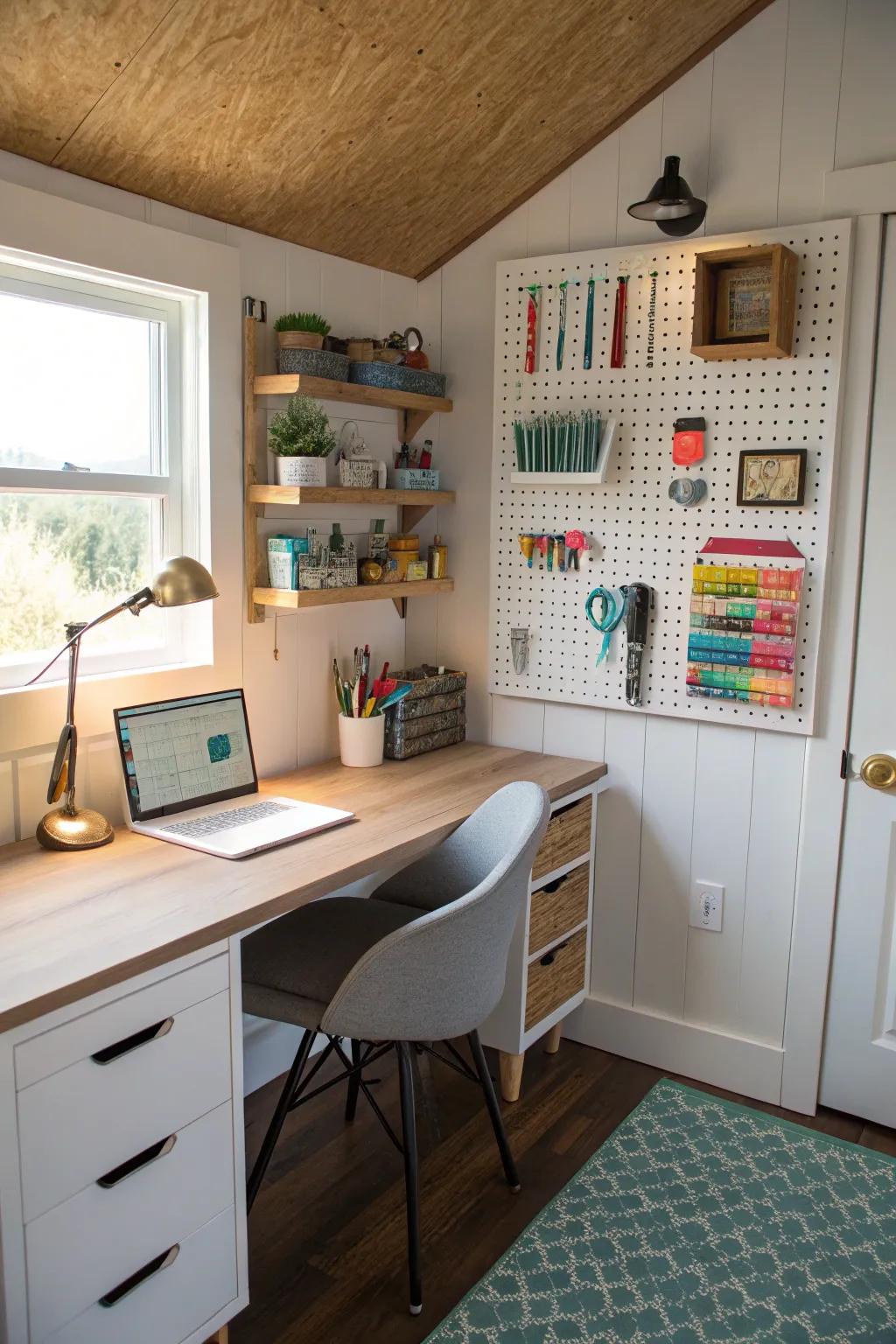 Perforated boards provide versatile storage options, optimizing the utilization of vertical space.