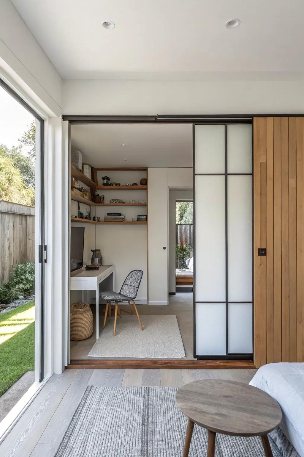Sliding entrances keep flow and save crucial space.