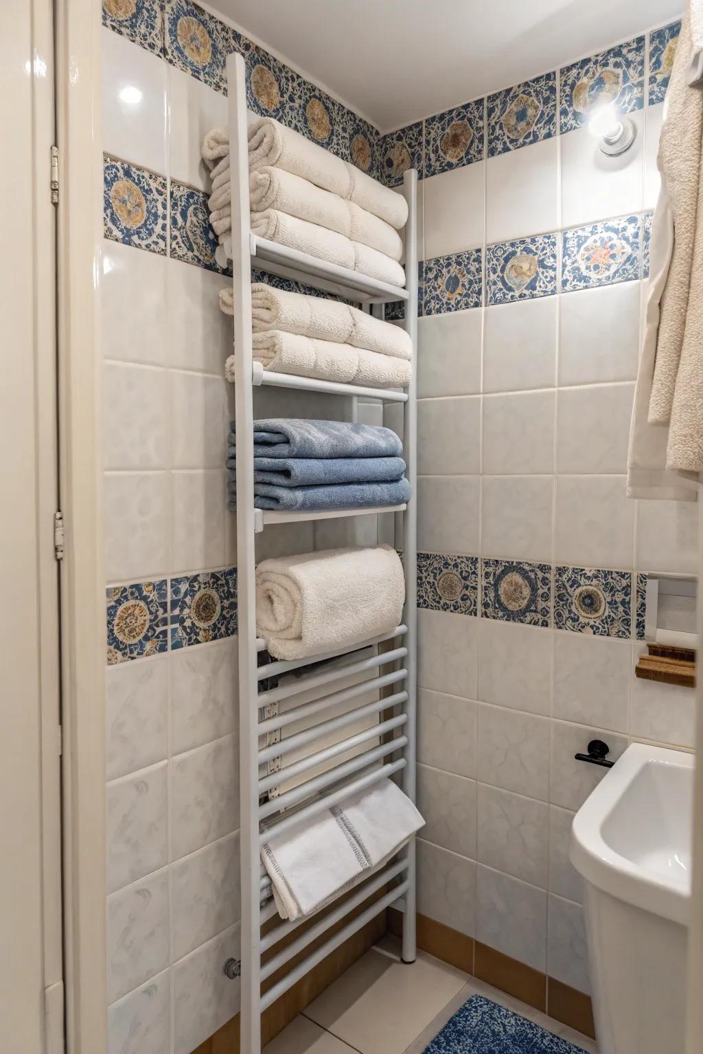 Fold-down racks save space and keep towels accessible.