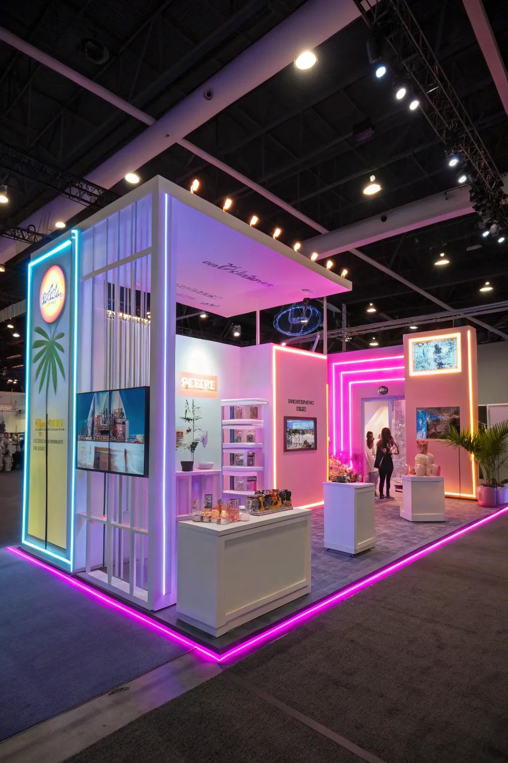 Neon accents add a vibrant and nostalgic glow to the trade show booth.