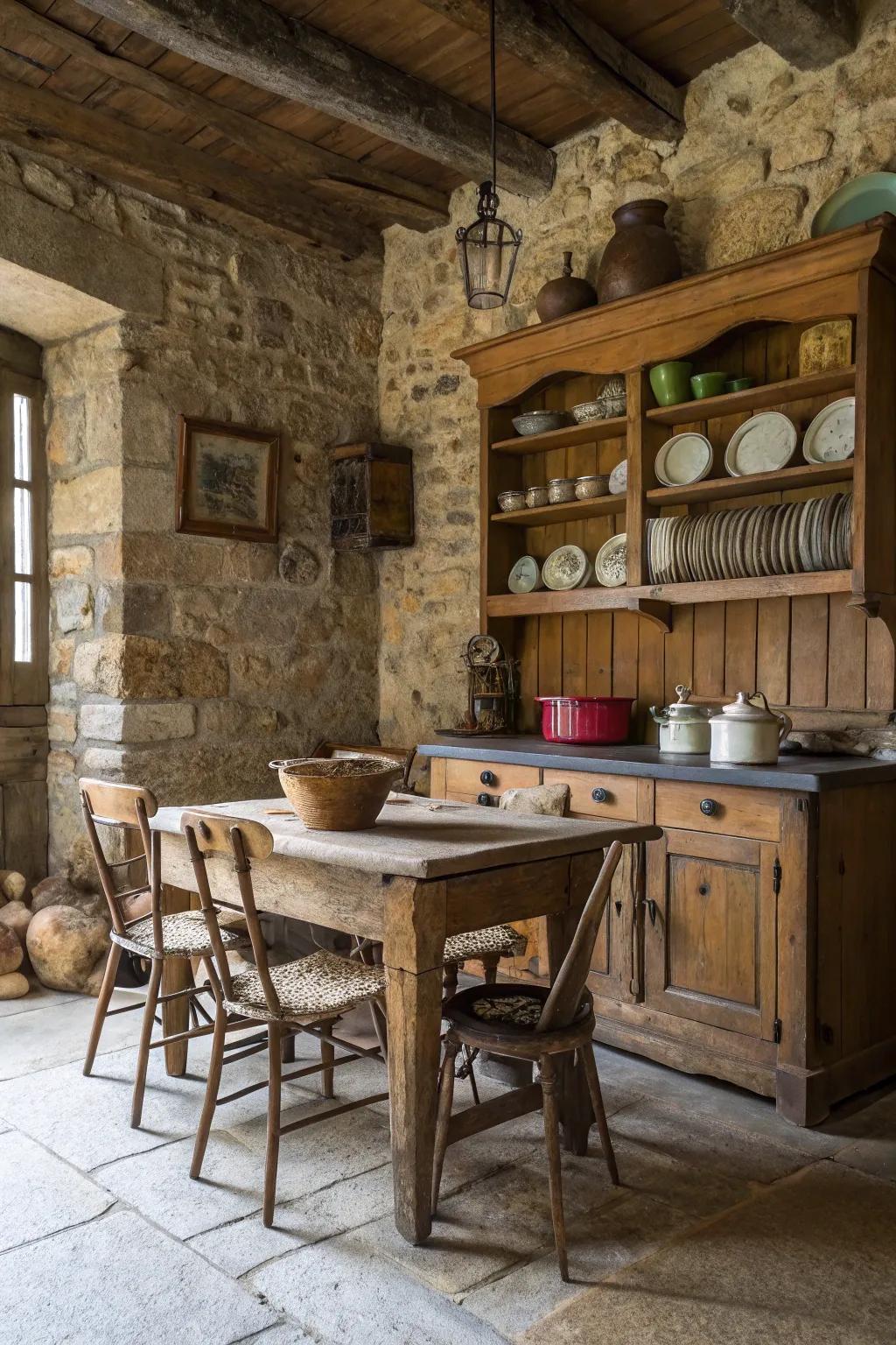 Rustic components create a grounding and earthy atmosphere.