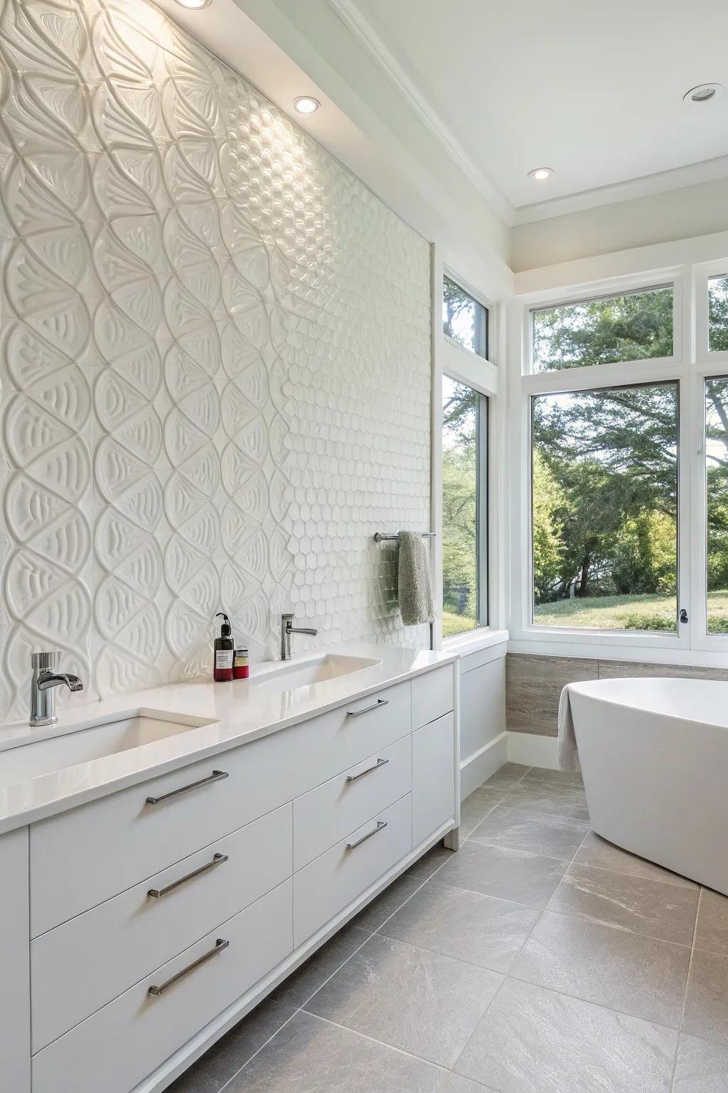 A white bathroom styled with textured wall boards that enhance dimension and appeal.