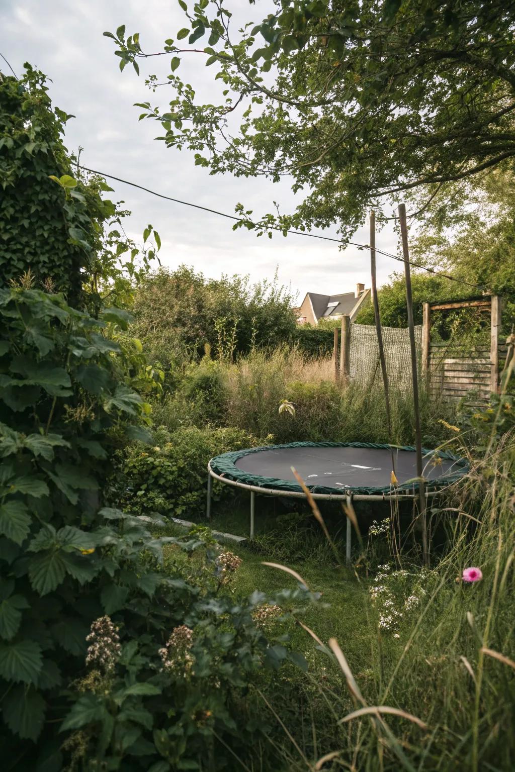 A secret garden retreat with a hidden trampoline.