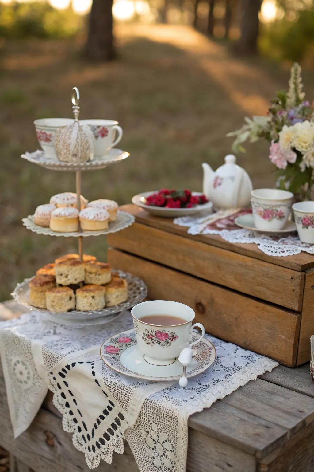 Vintage tea party setup with teacups and scones.