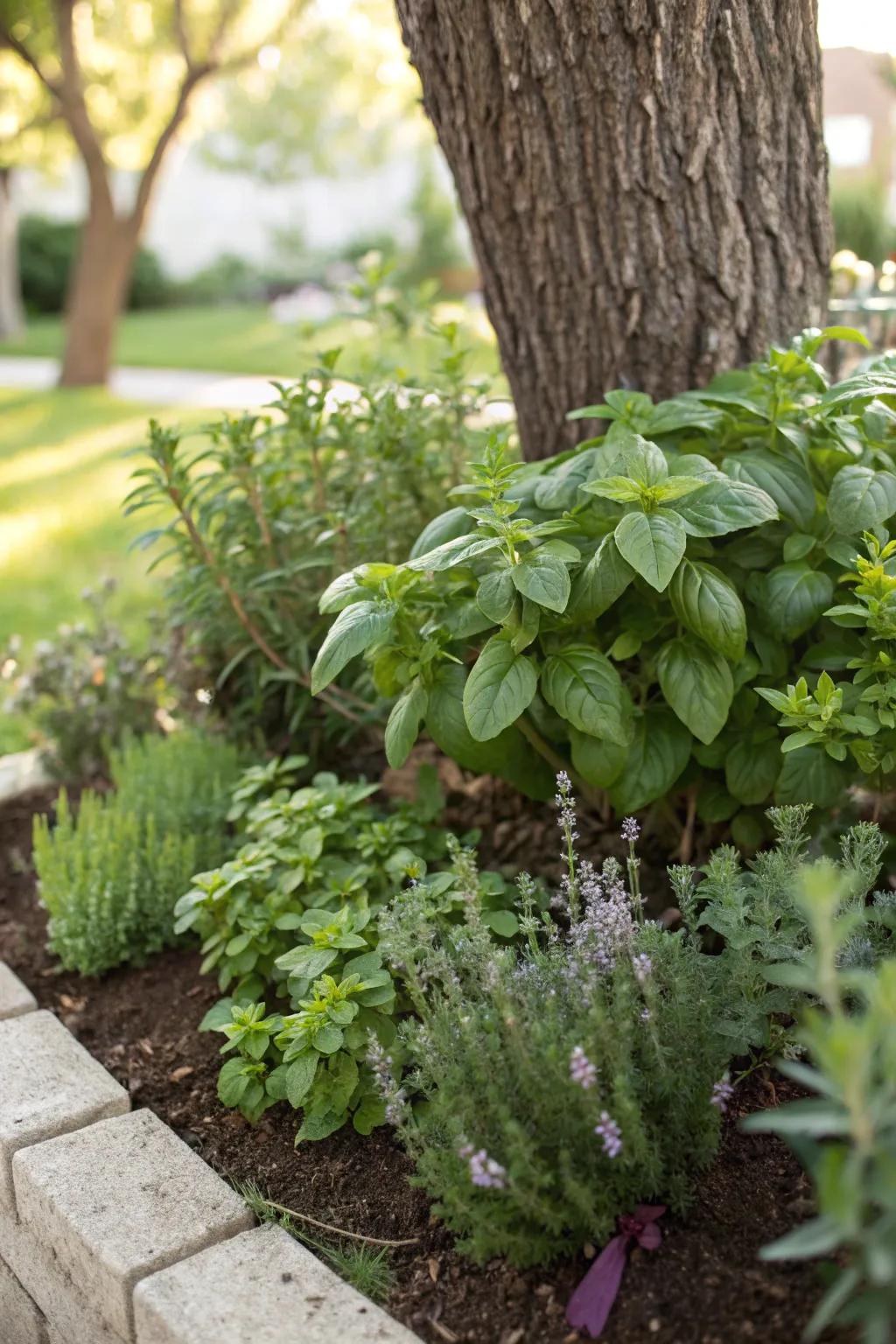 A compact herb garden lends aroma and practicality.