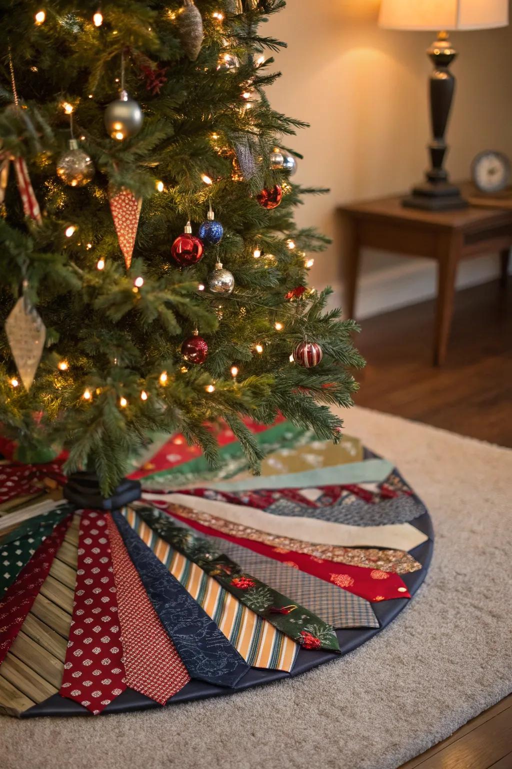 Repurposed neckties provide a colorful and unique tree skirt.