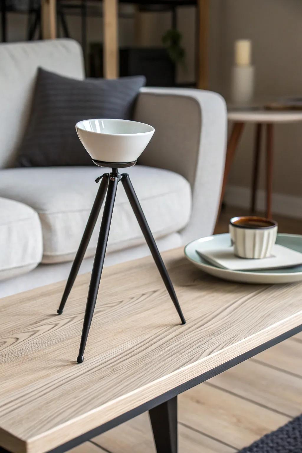Streamlined three-legged stands elevate uncluttered, contemporary designs.