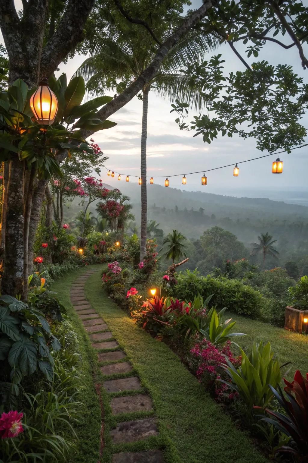 Soft lighting creating an enchanting ambiance in the tropical garden.