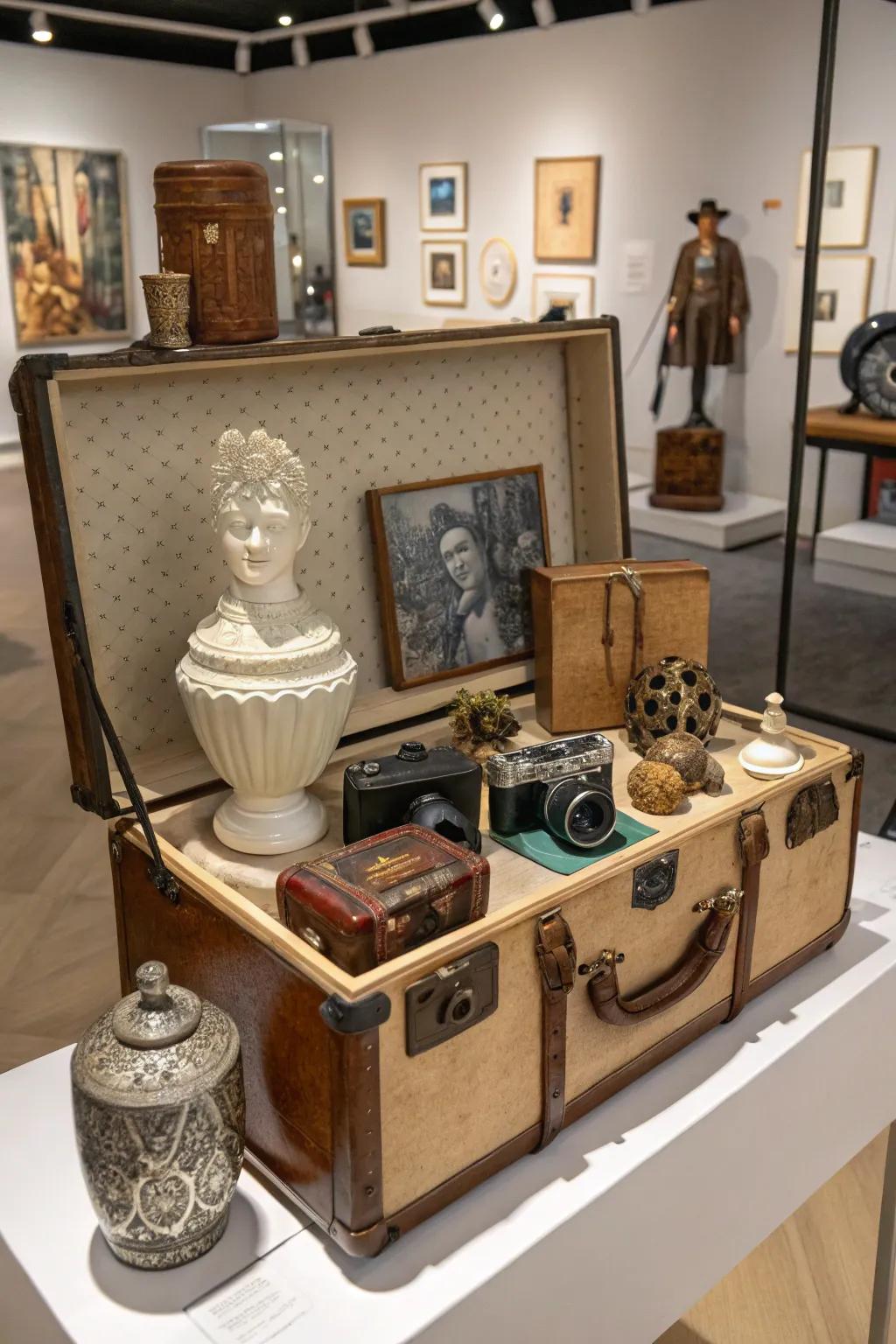 A trunk serves as an artistic stage, spotlighting cherished decorative items.