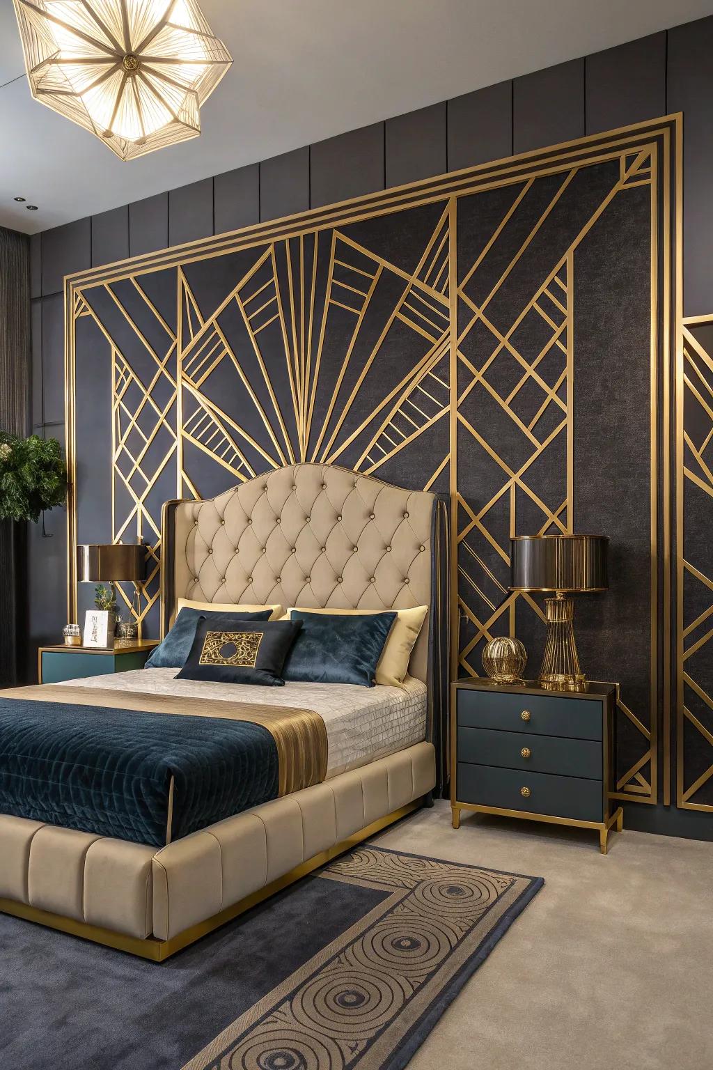 An Art Deco bedroom features a striking tufted headboard.