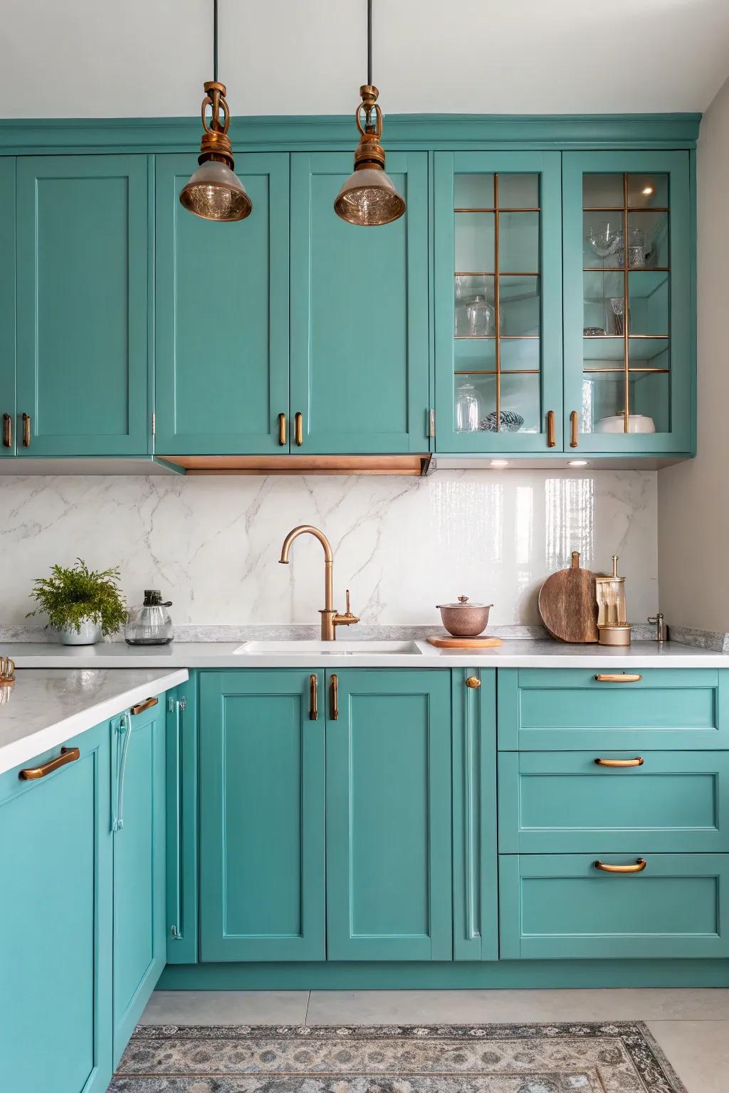 Copper details enhancing the elegance of a robin's egg blue culinary space.