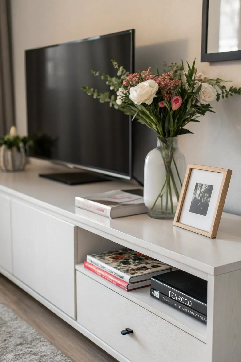 A minimalist decor strategy employed on a TV console.