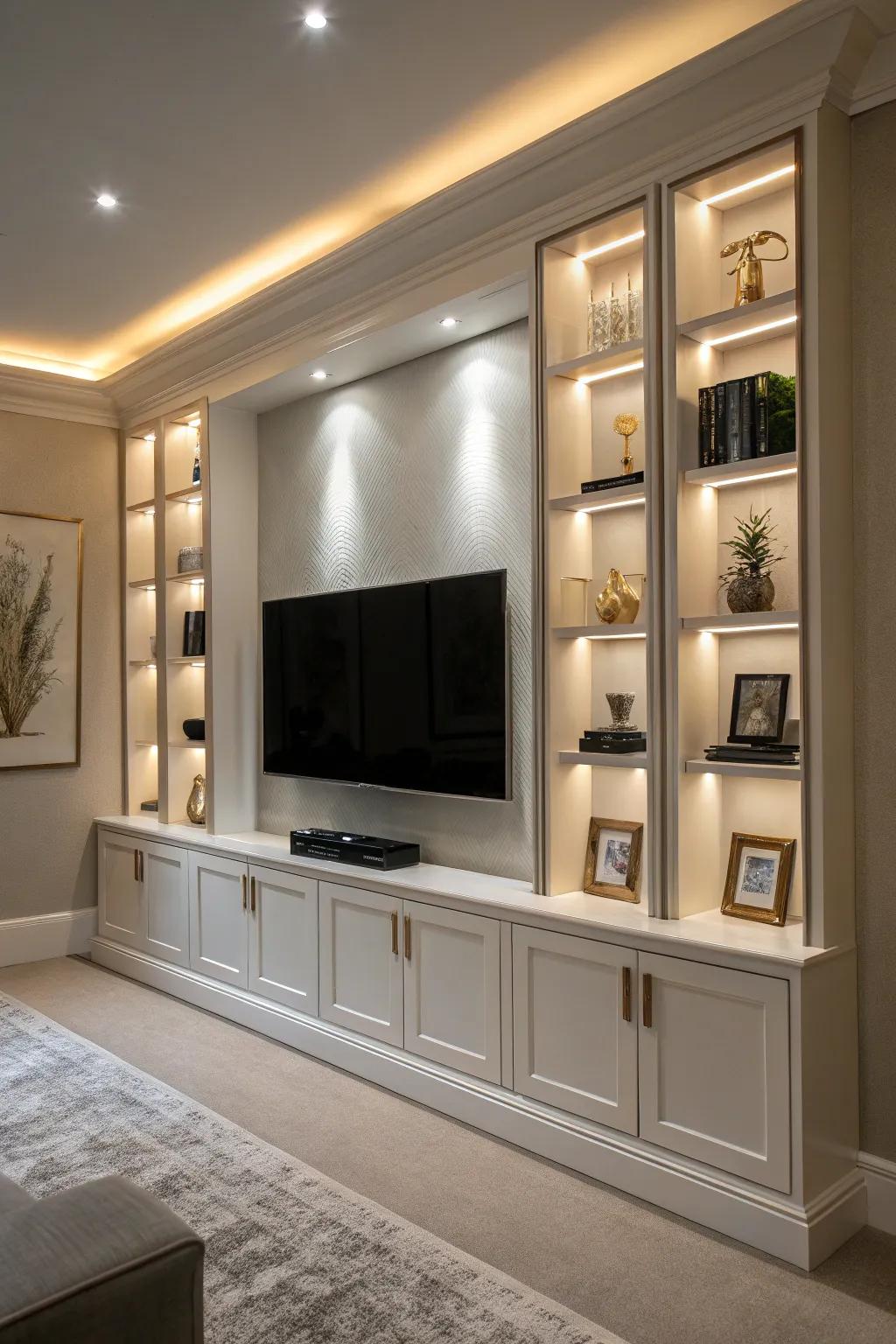 Inset spaces provide a streamlined and functional TV wall design.