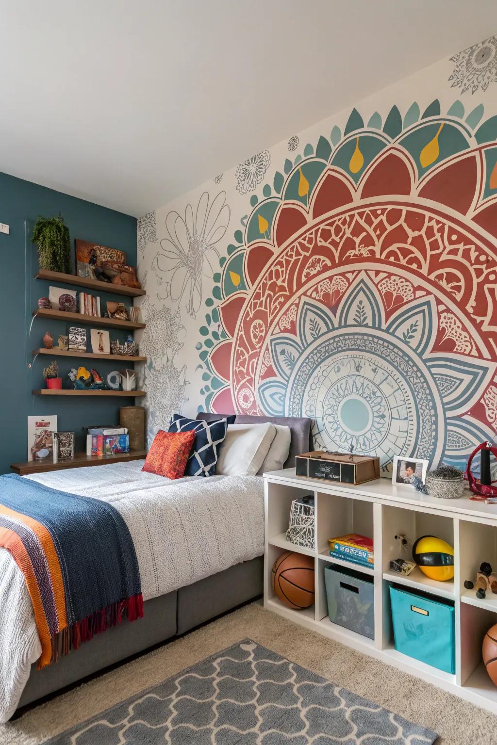A striking wall graphic in a tween boy's bedroom.