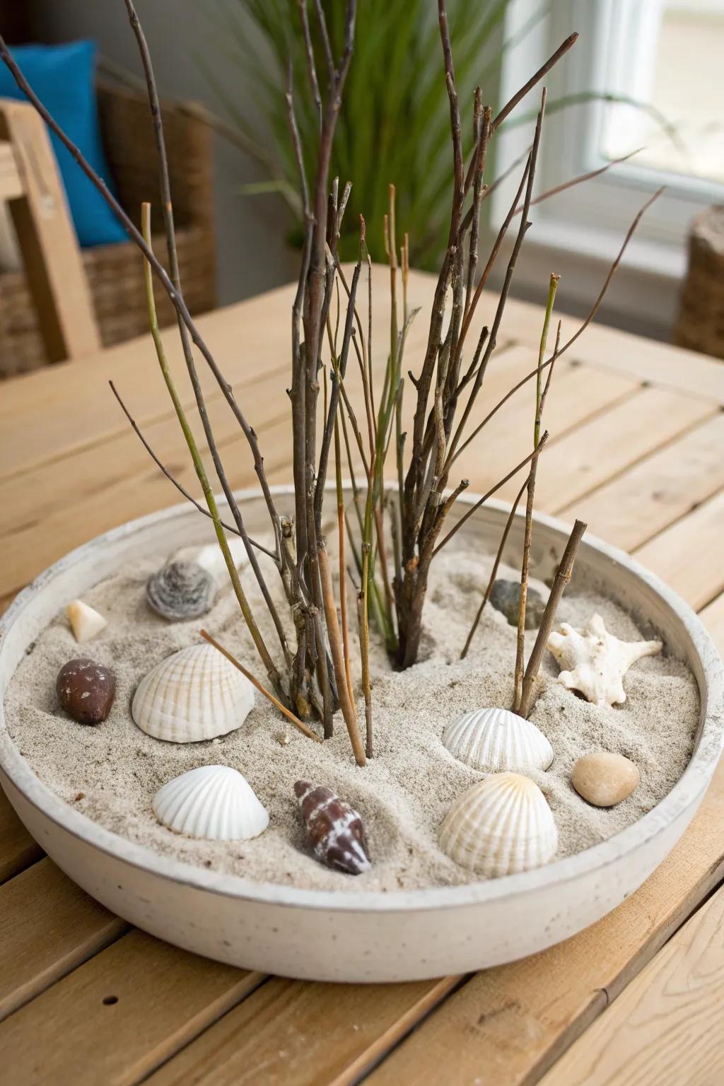 A coastal centerpiece with twigs and seashells.