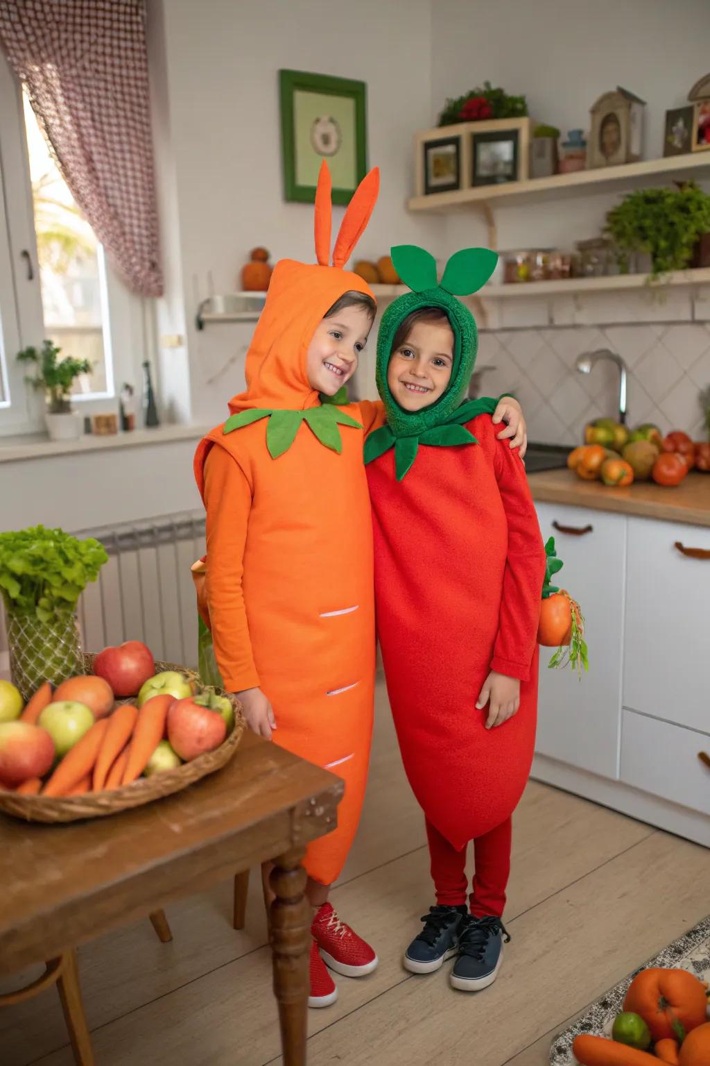 Straight from the garden: twins as a carrot and an apple.