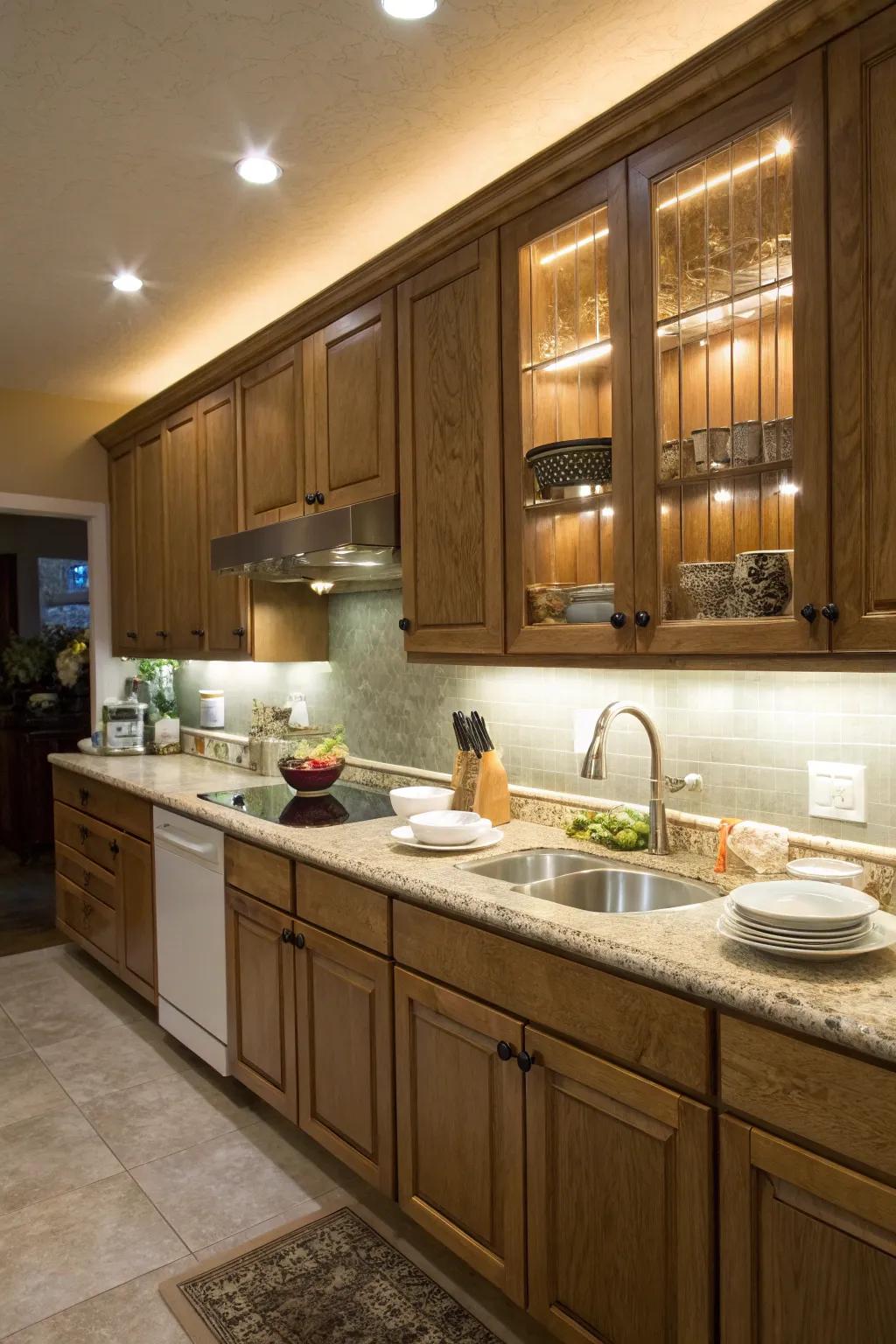 Cool white lights provide bright illumination for intricate kitchen tasks.