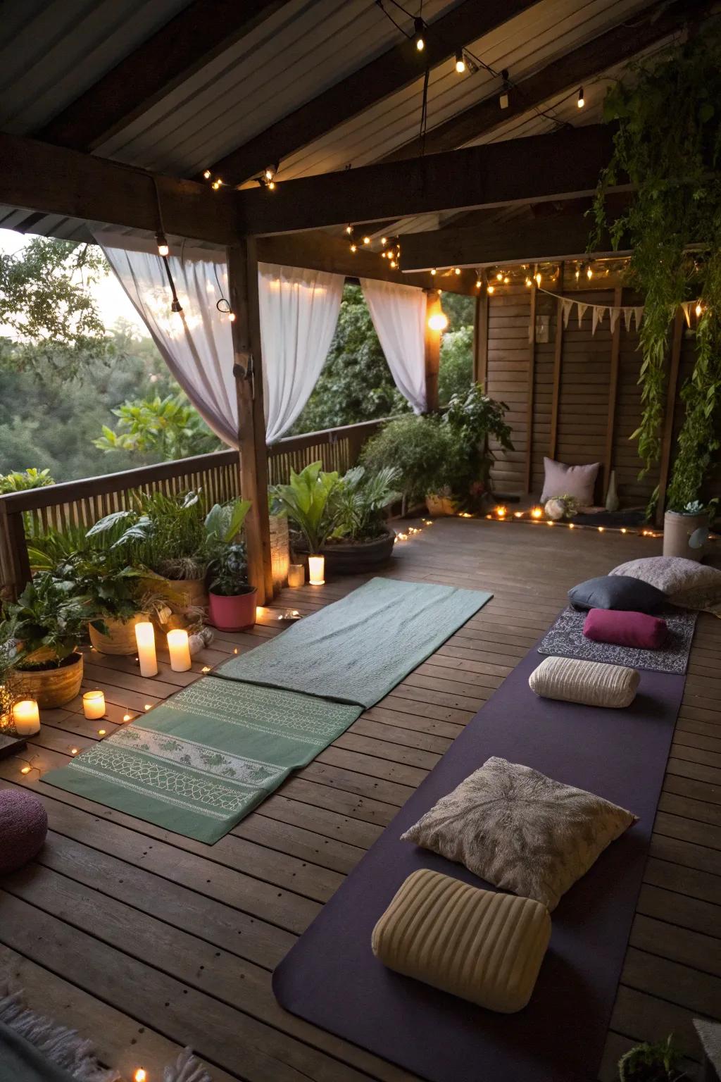 A peaceful yoga and meditation area beneath the deck, designed for relaxation.