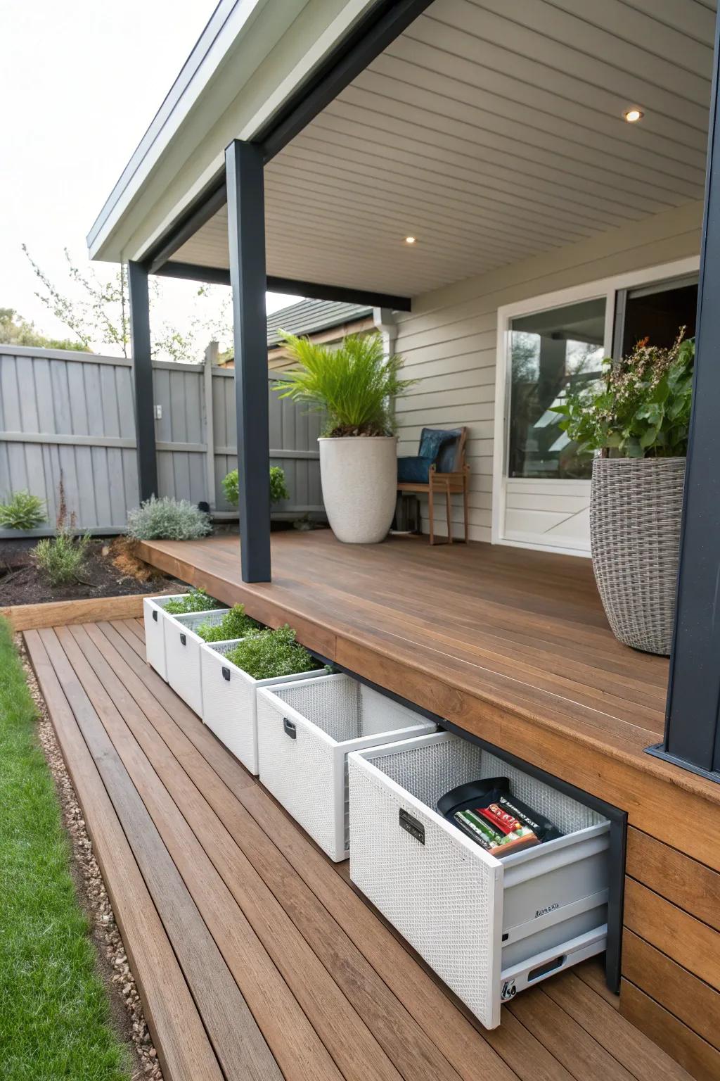 Your under-deck area is kept neat and visually pleasing with concealed storage.