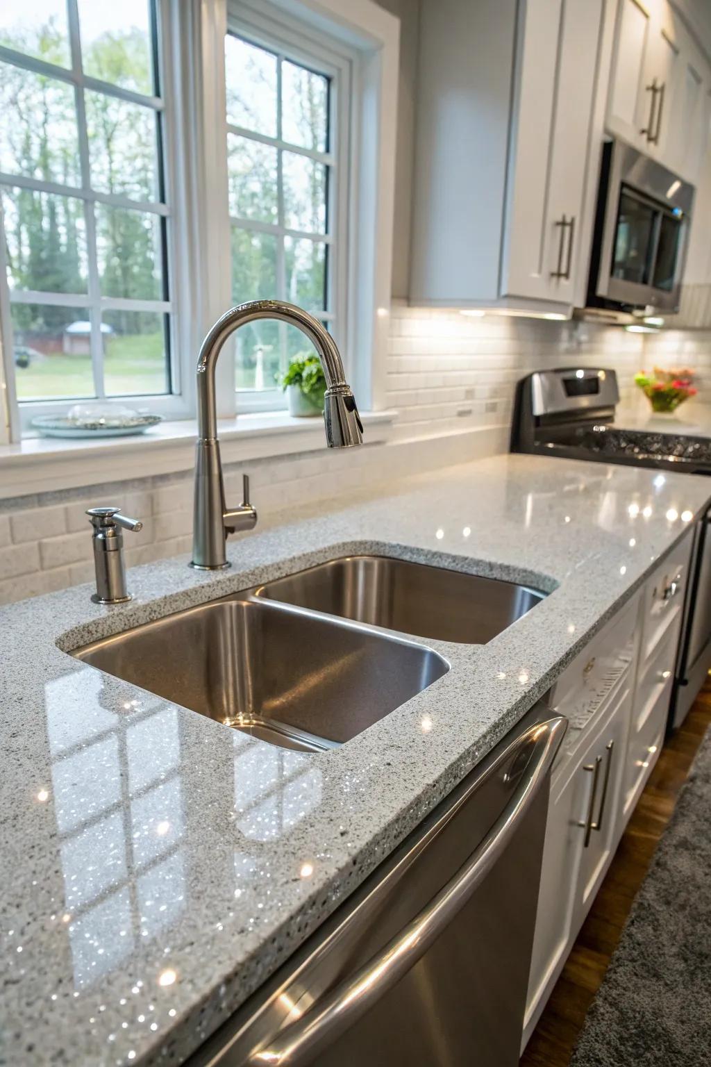Easy-to-clean edges of an undermount sink set within a pristine kitchen.