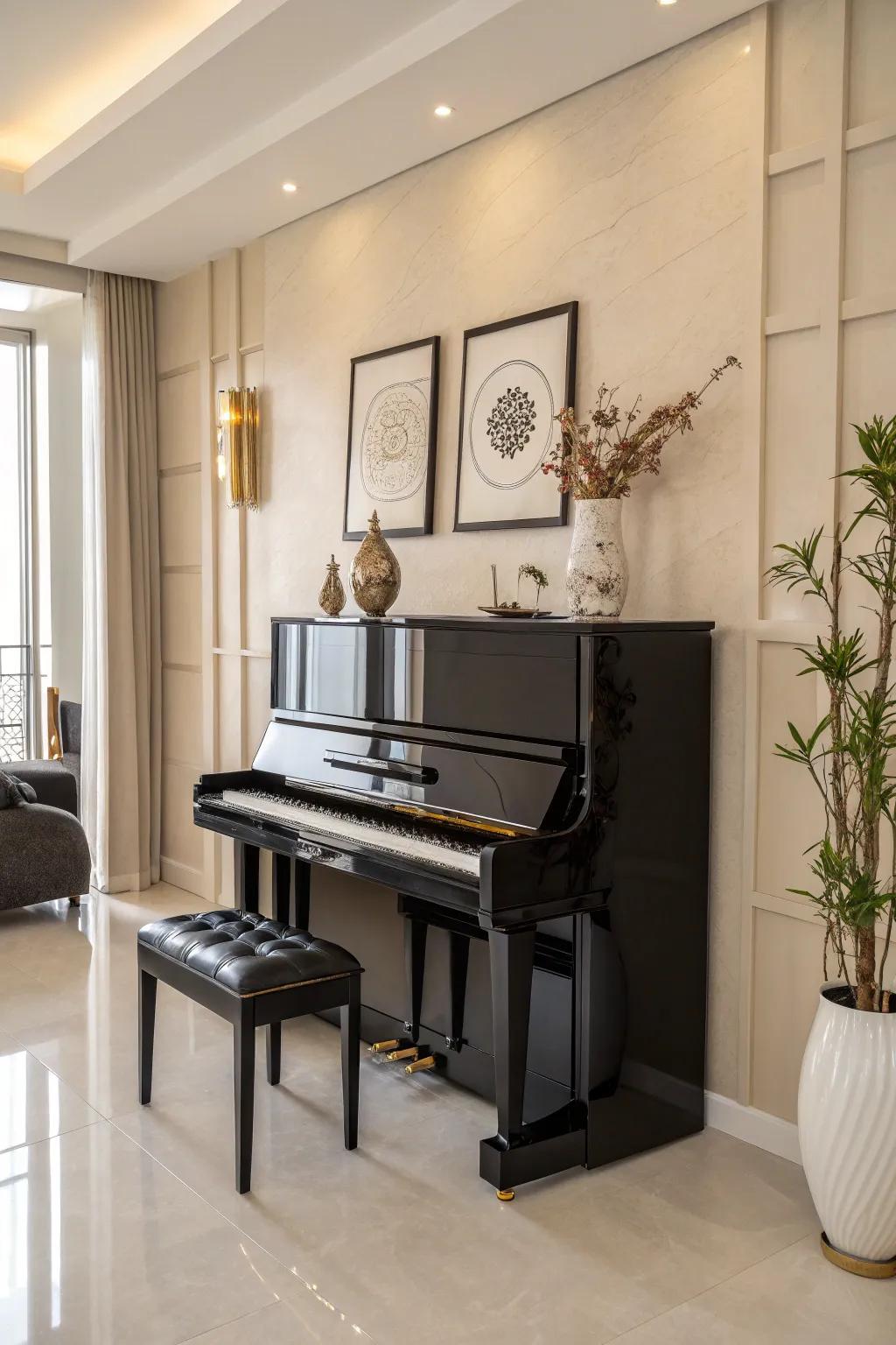 A modern room showcasing an upright piano, complemented by minimalist decorative elements.