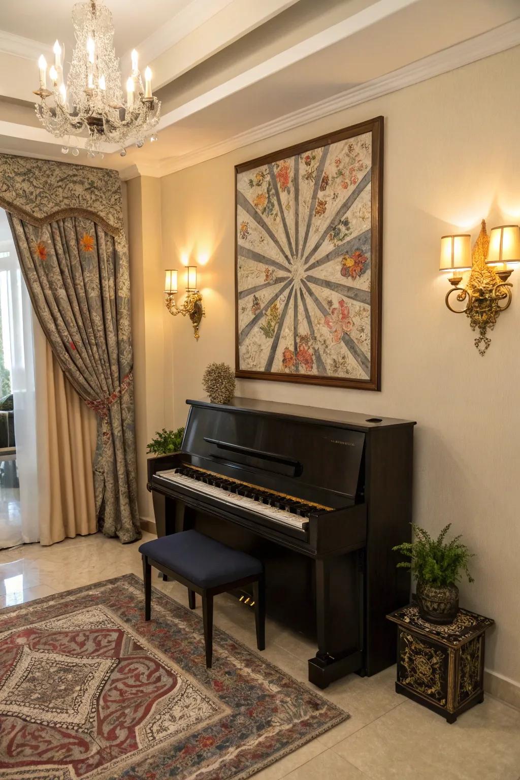 Create an impact with striking wall decor that showcases your piano.