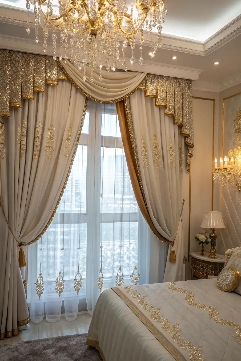 A glamorous bedroom featuring a window with a gold-accented valance.