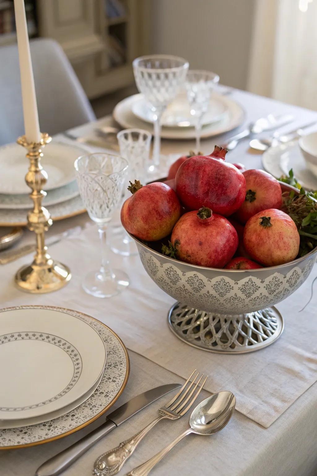 Natural elegance with a bowl of pomegranates.