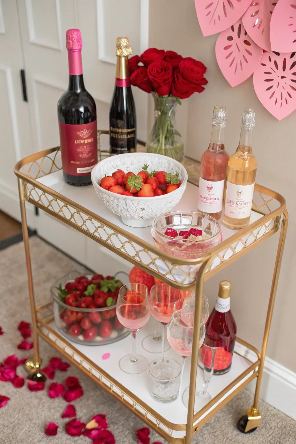 Valentine's-themed cocktail bar setup